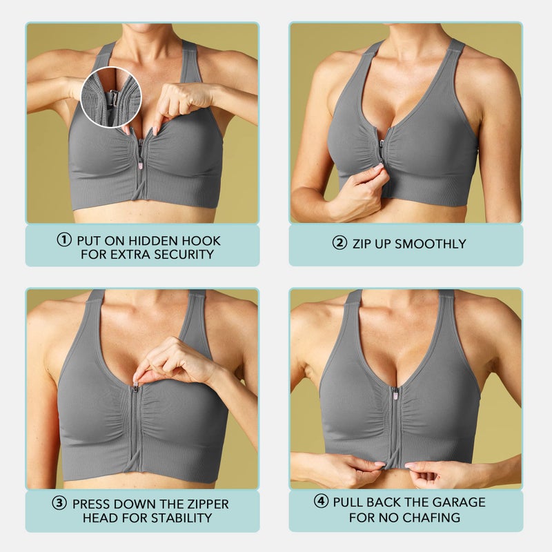 Evercute Zip Front Post-Surgery Bra Women's Wireless Sports Bras Padded Strappy Medium Support Yoga Exercise Athletic Bras - Image 5