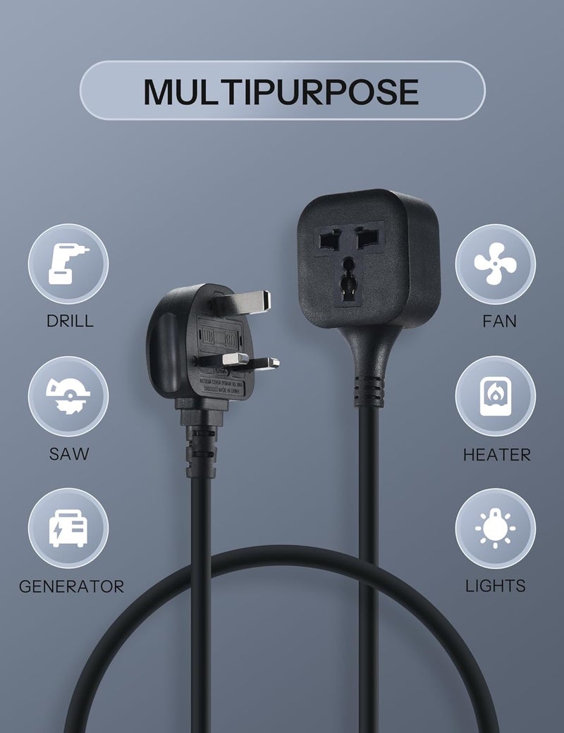 WHonor Extension Lead 2m【Universal】, 1 Way Extension Cord with 3 Pin Plug Power Strip, Tough and Fireproof Single Extension Socket for Home&Office (2m, black universal) - Image 2