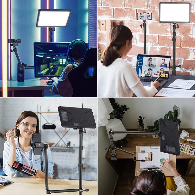 jusmo Camera Desk Mount with Auxiliary Holding Arm, Overhead Camera Mount with 360° Ballhead and Phone Grip, Table C-Clamp Multi Mount Stand for DSLR, Phone, Light, Webcam and More - Image 2