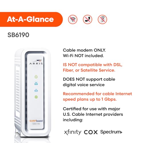 ARRIS (SB6190) - Cable Modem - Fast DOCSIS 3.0 32x8 Gigabit Cable Modem, For Comcast Xfinity, Cox, Spectrum and more, 1 Gbps Port, 800 Mbps Max Internet Speed, 1 Year Warranty - (No Built-in Wifi) - Image 2