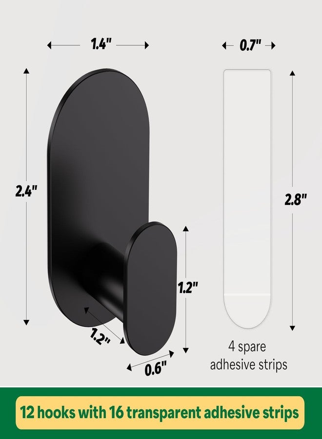 Aikzik 12 Pcs Towel Hooks with 16 Removable Strips, Black Hooks for Walls No Damage, Adhesive Wall Hooks for Bathroom, Kitchen, Shower Hooks for Inside Shower, Stainless Steel Sticky Hooks for Hanging - Image 2