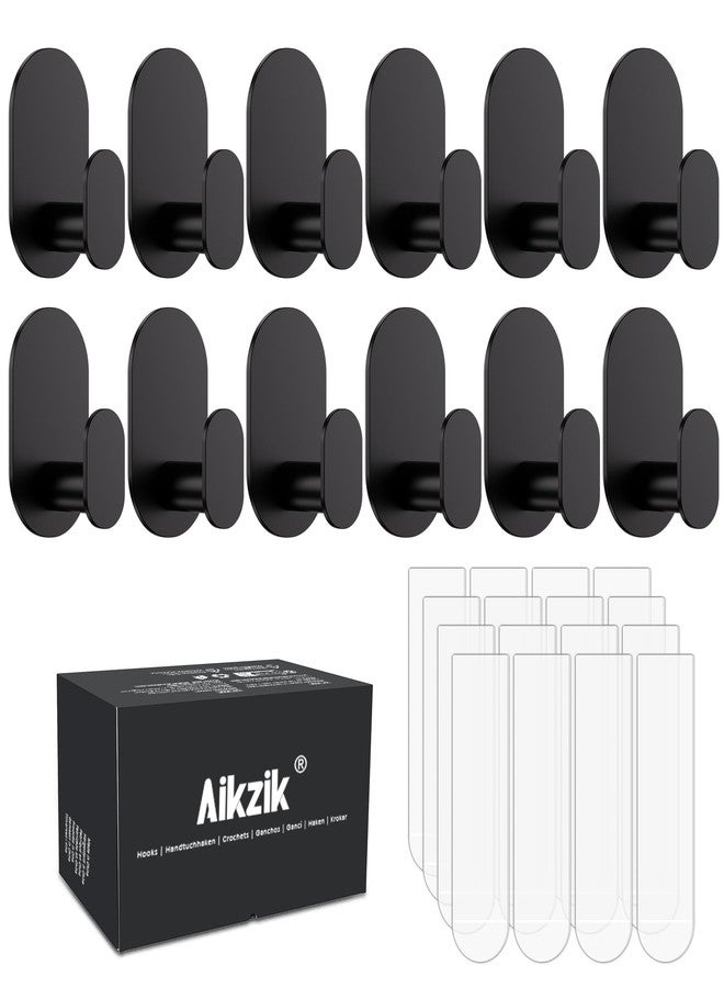 Aikzik 12 Pcs Towel Hooks with 16 Removable Strips, Black Hooks for Walls No Damage, Adhesive Wall Hooks for Bathroom, Kitchen, Shower Hooks for Inside Shower, Stainless Steel Sticky Hooks for Hanging - Image 1