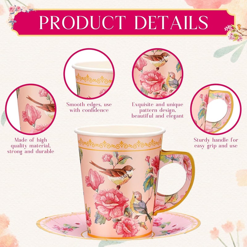 Rtteri 50 Set Tea Party Supplies Mothers Day Decorations9 oz Paper Tea Cup Set Includes Disposable Bird Cups and PlatesFloral Paper Saucer for Hot Cold Drink Wedding Birthday Baby Shower - Image 3