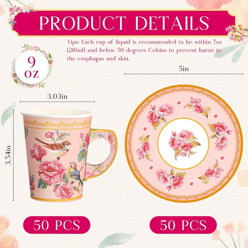 Rtteri 50 Set Tea Party Supplies Mothers Day Decorations9 oz Paper Tea Cup Set Includes Disposable Bird Cups and PlatesFloral Paper Saucer for Hot Cold Drink Wedding Birthday Baby Shower - Image 2