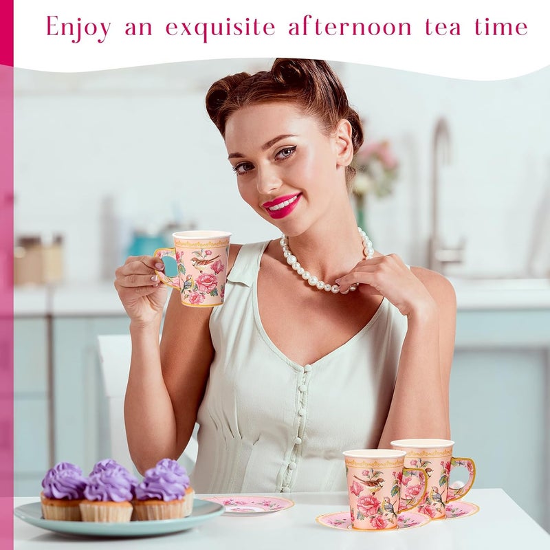 Rtteri 50 Set Tea Party Supplies Mothers Day Decorations9 oz Paper Tea Cup Set Includes Disposable Bird Cups and PlatesFloral Paper Saucer for Hot Cold Drink Wedding Birthday Baby Shower - Image 5