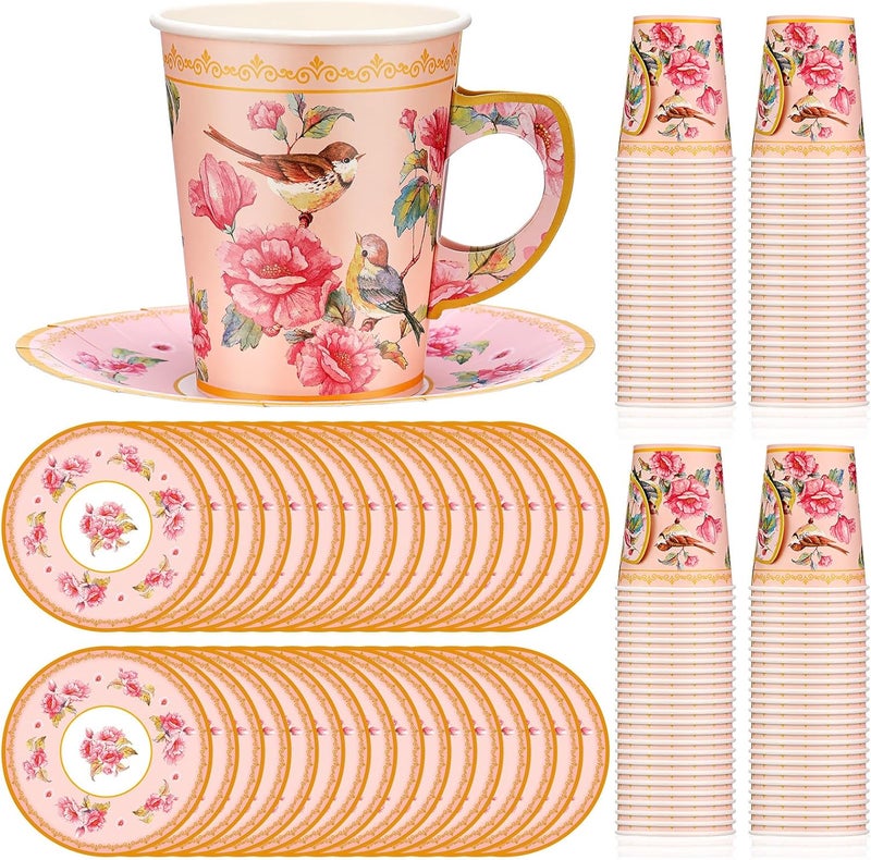 Rtteri 50 Set Tea Party Supplies Mothers Day Decorations9 oz Paper Tea Cup Set Includes Disposable Bird Cups and PlatesFloral Paper Saucer for Hot Cold Drink Wedding Birthday Baby Shower - Image 1