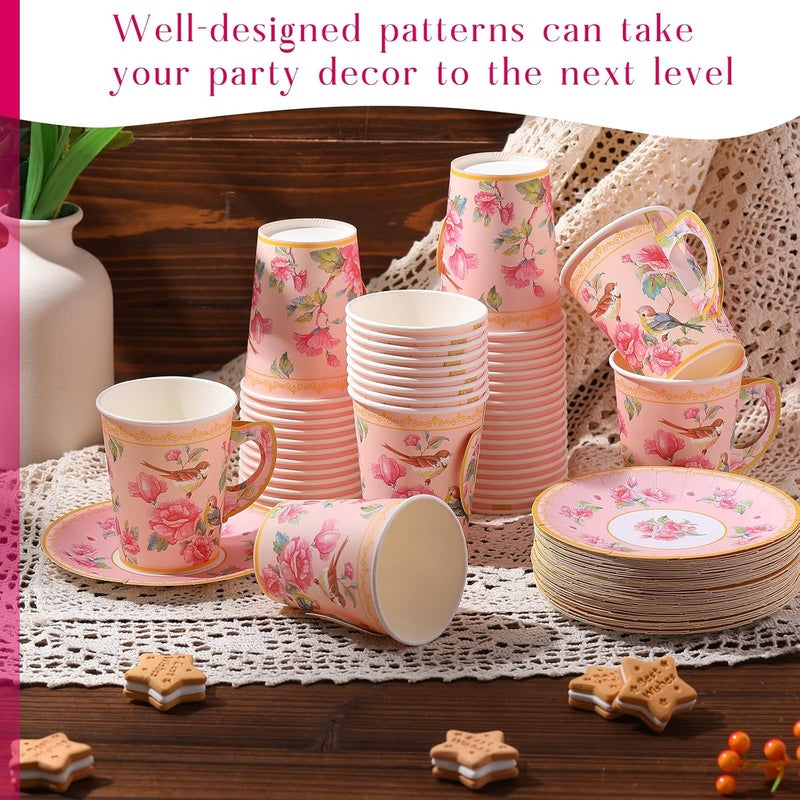 Rtteri 50 Set Tea Party Supplies Mothers Day Decorations9 oz Paper Tea Cup Set Includes Disposable Bird Cups and PlatesFloral Paper Saucer for Hot Cold Drink Wedding Birthday Baby Shower - Image 4