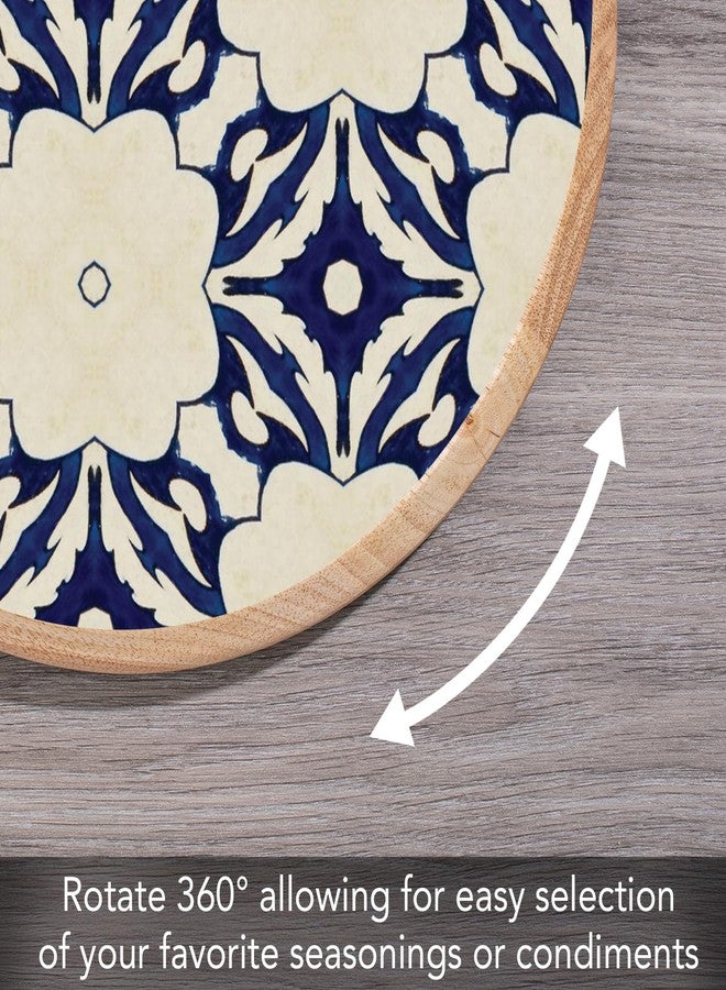 CounterArt Decorative Round Natural Wood Lazy Susan Turntable 14" Diameter Condiment Caddy, Cheese Server, Cake Plate, Spice Organization (Blue Tile Floral) - Image 3