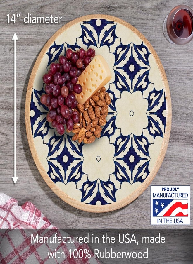 CounterArt Decorative Round Natural Wood Lazy Susan Turntable 14" Diameter Condiment Caddy, Cheese Server, Cake Plate, Spice Organization (Blue Tile Floral) - Image 2
