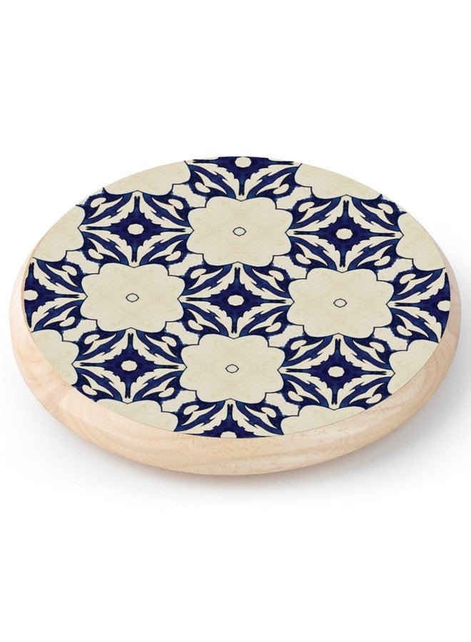 CounterArt Decorative Round Natural Wood Lazy Susan Turntable 14" Diameter Condiment Caddy, Cheese Server, Cake Plate, Spice Organization (Blue Tile Floral) - Image 1