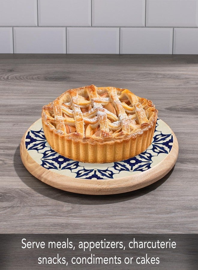 CounterArt Decorative Round Natural Wood Lazy Susan Turntable 14" Diameter Condiment Caddy, Cheese Server, Cake Plate, Spice Organization (Blue Tile Floral) - Image 5