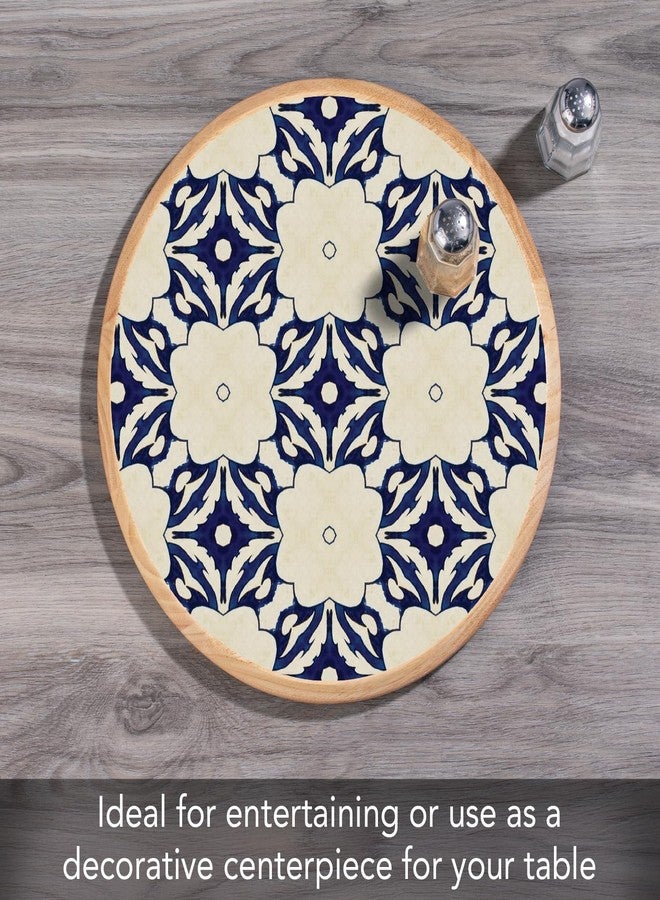 CounterArt Decorative Round Natural Wood Lazy Susan Turntable 14" Diameter Condiment Caddy, Cheese Server, Cake Plate, Spice Organization (Blue Tile Floral) - Image 4