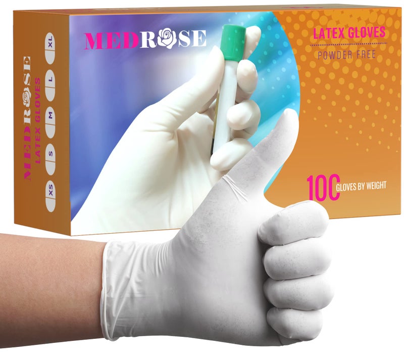DiRose MedRose Small Latex Gloves - 100 Count Rubber Gloves - Disposable Gloves Powder Free, Waterproof, White - Image 1
