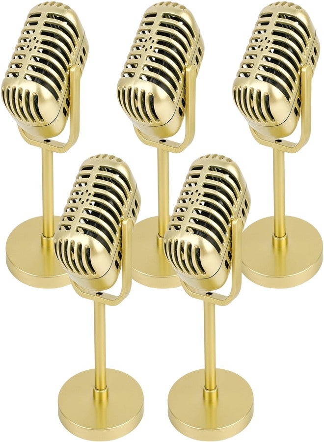 Flahard 5 Pcs Microphone Props Model Retro Vintage Microphone Prop with Stand Fake Microphone Pretend Mic Centerpiece for Hip Hop Cosplay Music Party Decorations (Gold) - Image 1