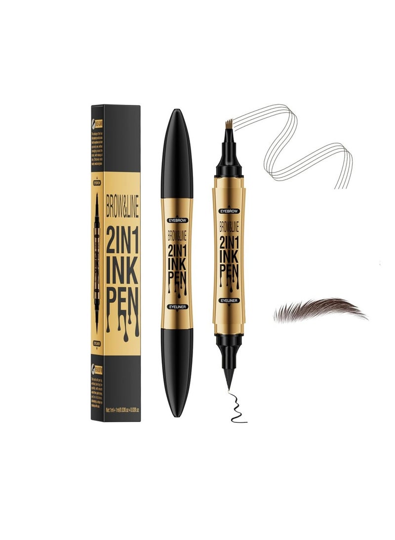 SYOSI Brow pen eyeliner 2-in-1, microblade eyebrow pen, Magic 4 tip eyebrow pencil, With Dual-ended Eyebrow Brush, Waterproof eyebrow pen, Brow pencil with hair like strokes, Natural brows, Dark Brown  - Image 1