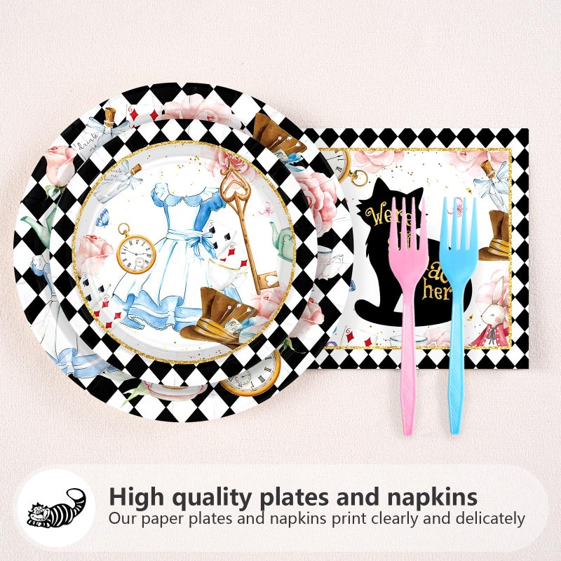 Grencian 96 Pcs Alice in Onderland Party Decorations Tea Party Theme Birthday Baby Shower Paper Plates and Napkins Disposable Dessert Tableware Set for Girls Kids Birthday Baby Shower Decor Serves 24 - Image 3