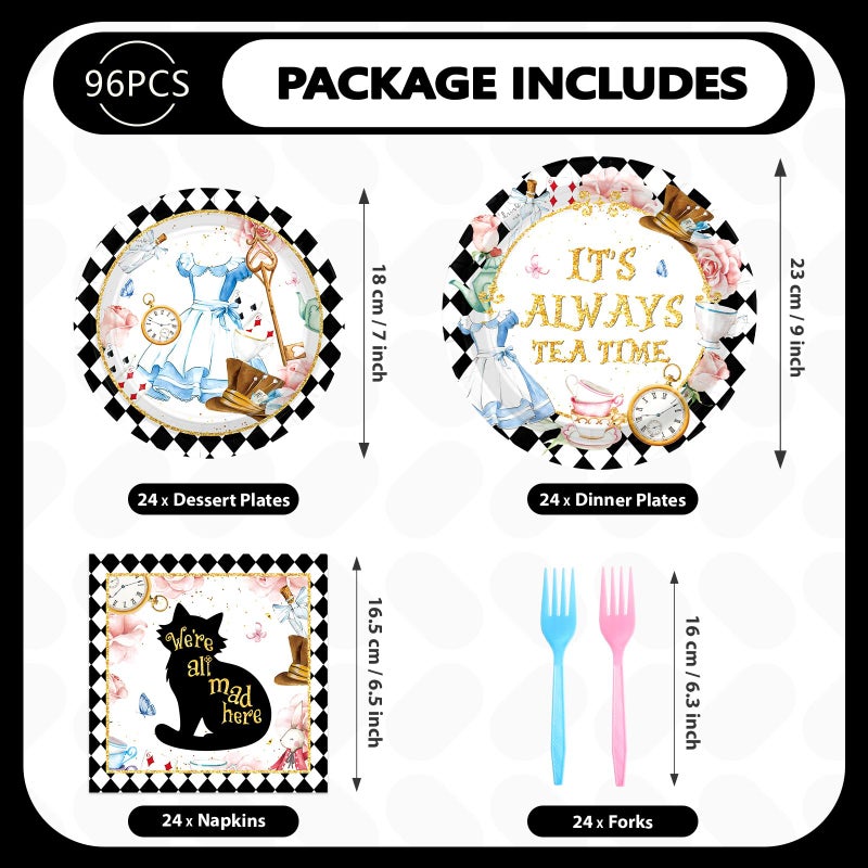 Grencian 96 Pcs Alice in Onderland Party Decorations Tea Party Theme Birthday Baby Shower Paper Plates and Napkins Disposable Dessert Tableware Set for Girls Kids Birthday Baby Shower Decor Serves 24 - Image 2