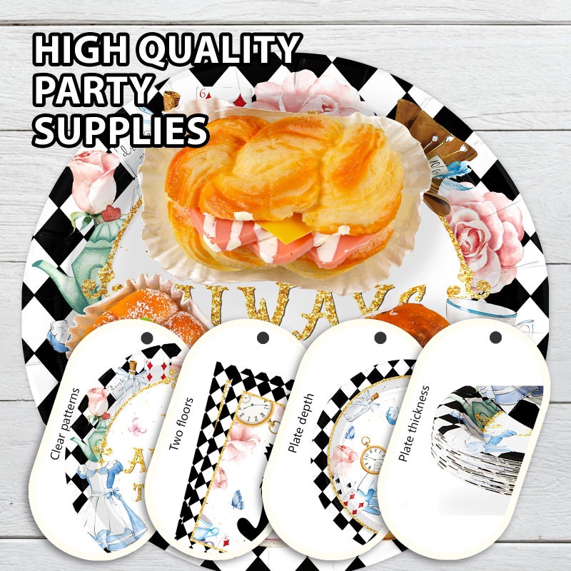 Grencian 96 Pcs Alice in Onderland Party Decorations Tea Party Theme Birthday Baby Shower Paper Plates and Napkins Disposable Dessert Tableware Set for Girls Kids Birthday Baby Shower Decor Serves 24 - Image 5