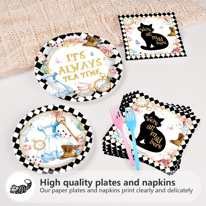 Grencian 96 Pcs Alice in Onderland Party Decorations Tea Party Theme Birthday Baby Shower Paper Plates and Napkins Disposable Dessert Tableware Set for Girls Kids Birthday Baby Shower Decor Serves 24 - Image 4