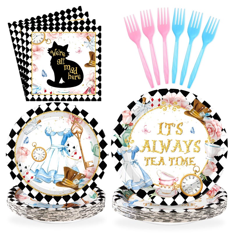 Grencian 96 Pcs Alice in Onderland Party Decorations Tea Party Theme Birthday Baby Shower Paper Plates and Napkins Disposable Dessert Tableware Set for Girls Kids Birthday Baby Shower Decor Serves 24 - Image 1
