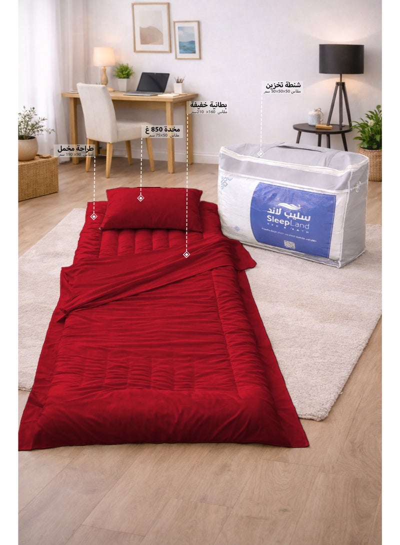 سليب لاند بكج الضيوف والرحلات لون أحمر عودي طراحة مع بطانية ومخدة وشنطة تخزين - Image 1