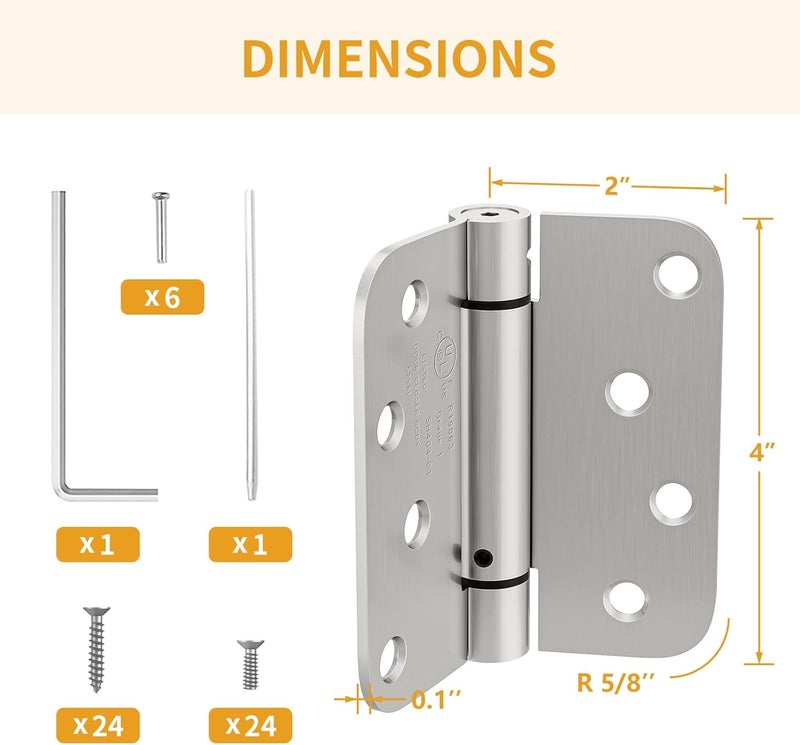 Luxbaro 3 Pack Self Closing Door Hinges, 4 Inch Spring Loaded Door Hinges, Adjustable Tension for Garage, Front Door, Back Door, for Left and Right Hand Door, 5/8'' Radius Corners, UL Listed - Image 2
