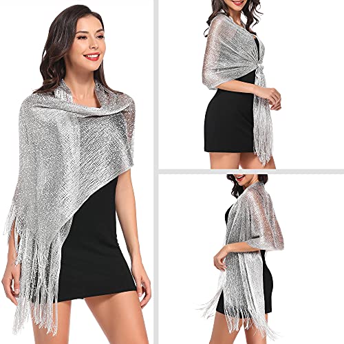 vimate Silver Shawl for Women, Glittering Metallic Shawl Scarf and Wraps for Evening Patry Dresses (Silver) - Image 4