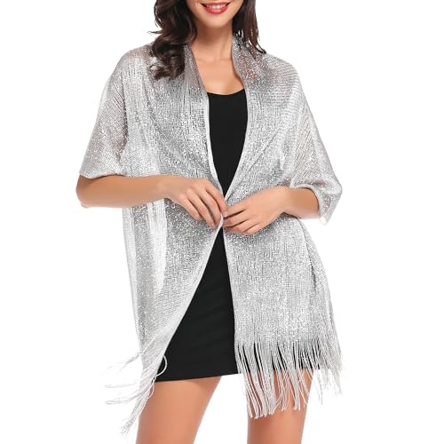 vimate Silver Shawl for Women, Glittering Metallic Shawl Scarf and Wraps for Evening Patry Dresses (Silver) - Image 3