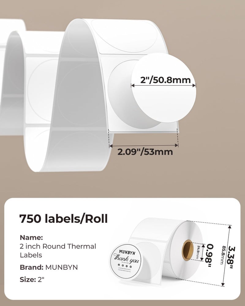 MUNBYN 2 Inch Circle Thermal Sticker Labels, Self-Adhesive Round Direct Thermal Labels for Business, 750 Sheets/1 Roll - Image 2