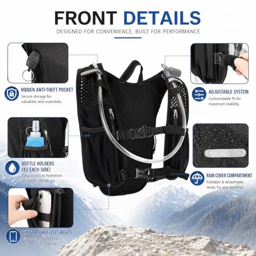Zavothy Hydration Backpack with Rain Cover, 1.5L Lightweight Hydration Pack for Hiking, Cycling & Trail Running – Black - Image 3