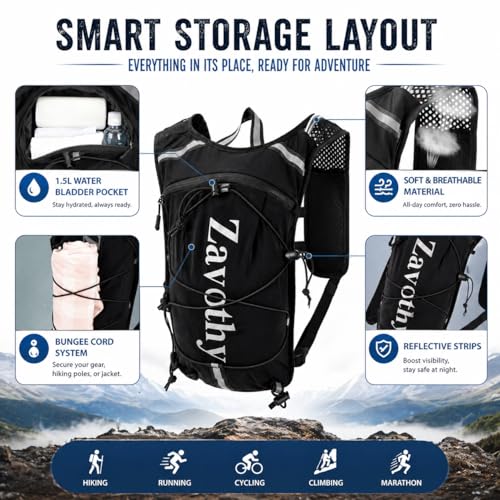 Zavothy Hydration Backpack with Rain Cover, 1.5L Lightweight Hydration Pack for Hiking, Cycling & Trail Running – Black - Image 2