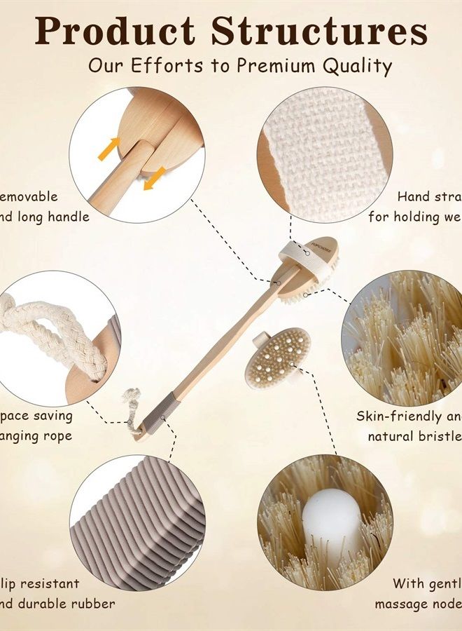 POPCHOSE Back Scrubber, POPCHOSE Detachable Body Scrubber with Dual Brush Heads for Shower, Long Handle Natural Bristle Exfoliator Scrubber, Dry Brushing Body Brush for Body Cellulite and Lymphatic - Image 5