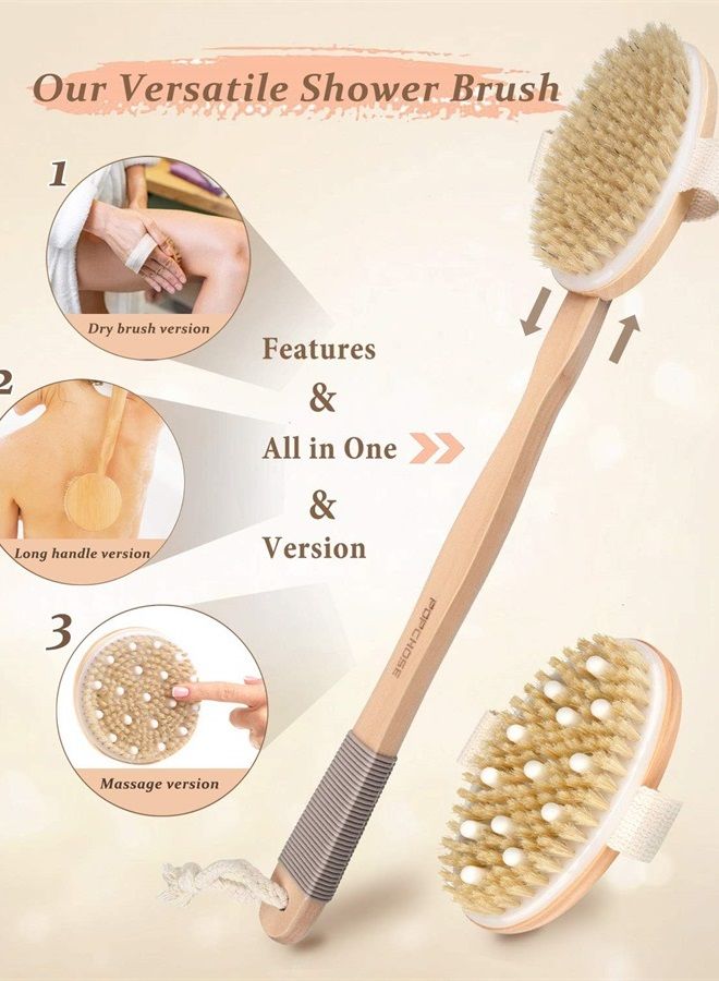 POPCHOSE Back Scrubber, POPCHOSE Detachable Body Scrubber with Dual Brush Heads for Shower, Long Handle Natural Bristle Exfoliator Scrubber, Dry Brushing Body Brush for Body Cellulite and Lymphatic - Image 2