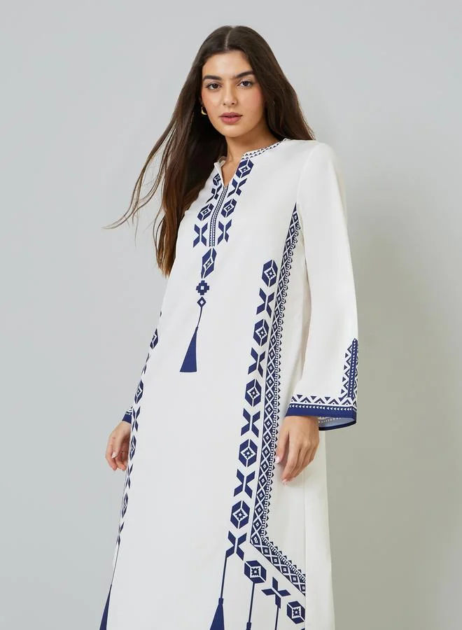 تايك تو White Geometric Print Notch Neck Long Sleeves Maxi Kaftan Deress
