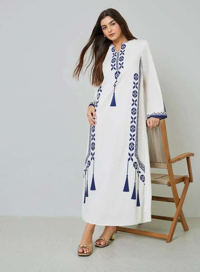 تايك تو White Geometric Print Notch Neck Long Sleeves Maxi Kaftan Deress