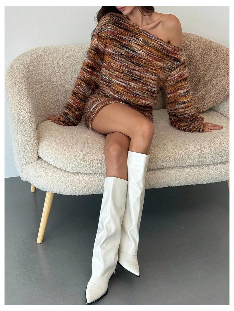 SHENHE Women's Fuzzy Marled Knit Sweater Dress Asymmetrical Neck Long Sleeve Mini Dresses Brown Small - Image 4