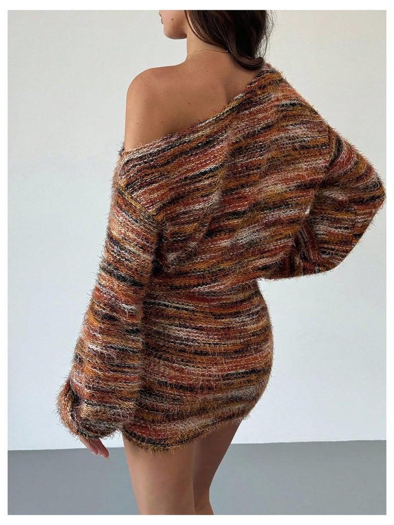 SHENHE Women's Fuzzy Marled Knit Sweater Dress Asymmetrical Neck Long Sleeve Mini Dresses Brown Small - Image 2