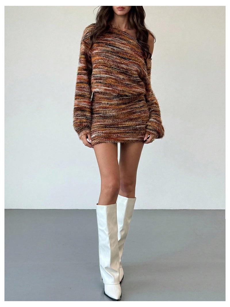 SHENHE Women's Fuzzy Marled Knit Sweater Dress Asymmetrical Neck Long Sleeve Mini Dresses Brown Small - Image 5
