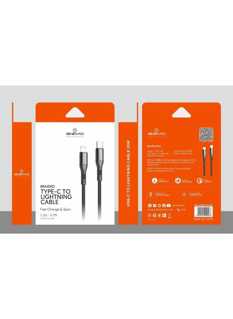 Gizmo 1.2M Braided Type-C To Lightning Cable 20W / Fast Charging / Made of Durable and Resistant Fabric / Support all Devices - Black  - Image 2