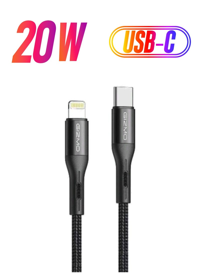 Gizmo 1.2M Braided Type-C To Lightning Cable 20W / Fast Charging / Made of Durable and Resistant Fabric / Support all Devices - Black  - Image 1
