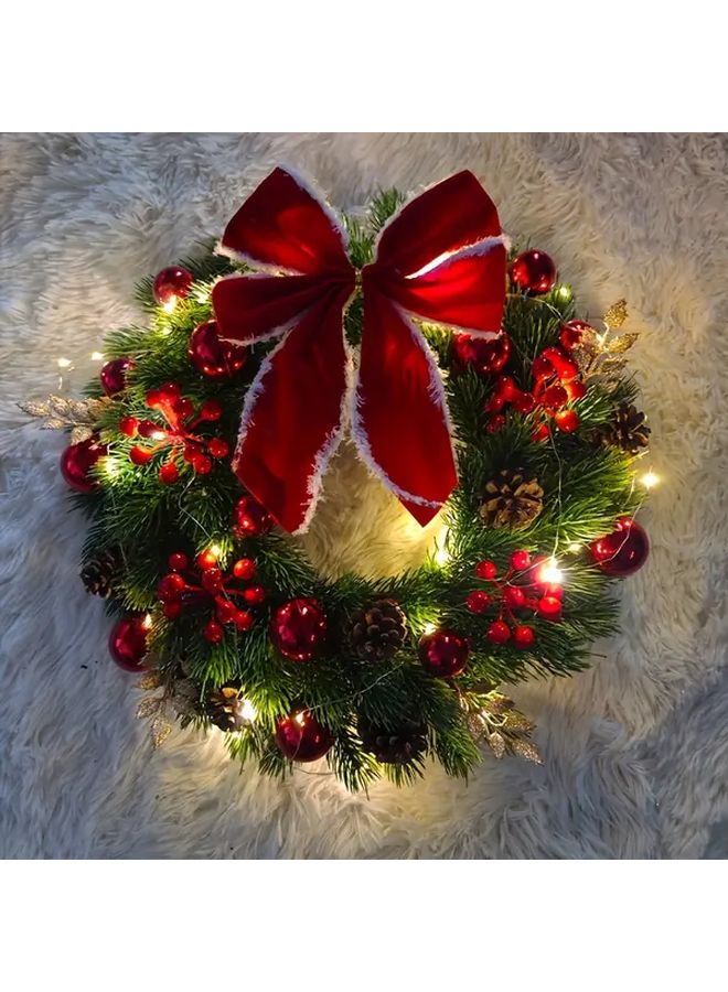 Large 40cm Christmas Wreath With Red Bow White Ribbon Golden Ornaments And Pine Cones - Image 1
