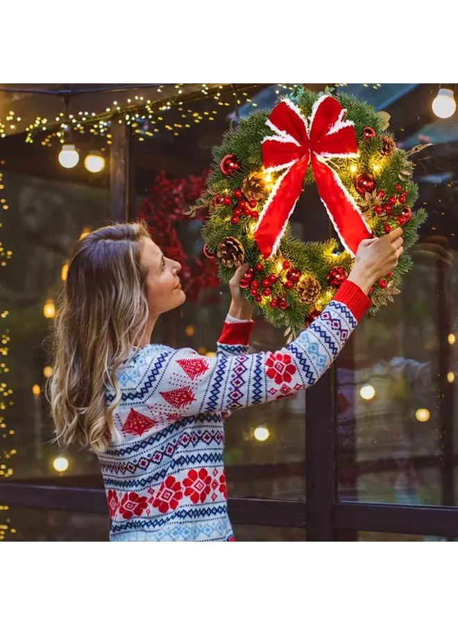 Large 40cm Christmas Wreath With Red Bow White Ribbon Golden Ornaments And Pine Cones - Image 5