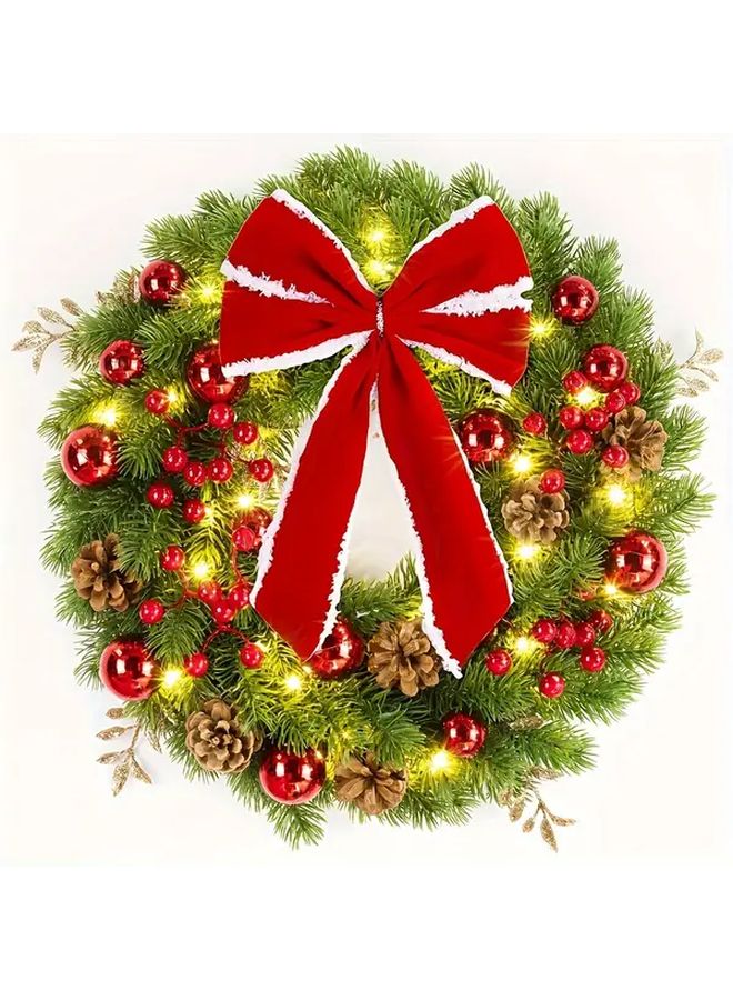Large 40cm Christmas Wreath With Red Bow White Ribbon Golden Ornaments And Pine Cones - Image 4