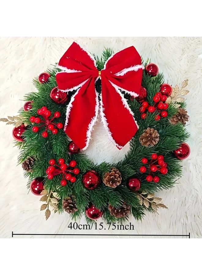 Large 40cm Christmas Wreath With Red Bow White Ribbon Golden Ornaments And Pine Cones - Image 3