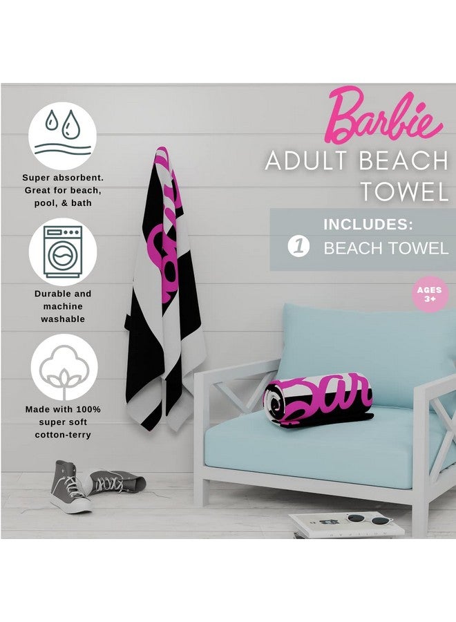 Franco فرانكو باربي باربيكور منشفة حمام/مسبح/شاطئ قطنية ناعمة مخططة بالأبيض والأسود، 60 بوصة × 30 بوصة، (منتج باربي مرخص رسميًا) - Image 2