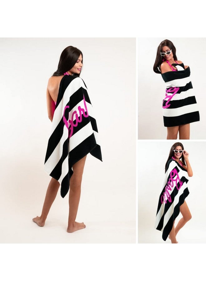 Franco فرانكو باربي باربيكور منشفة حمام/مسبح/شاطئ قطنية ناعمة مخططة بالأبيض والأسود، 60 بوصة × 30 بوصة، (منتج باربي مرخص رسميًا) - Image 5