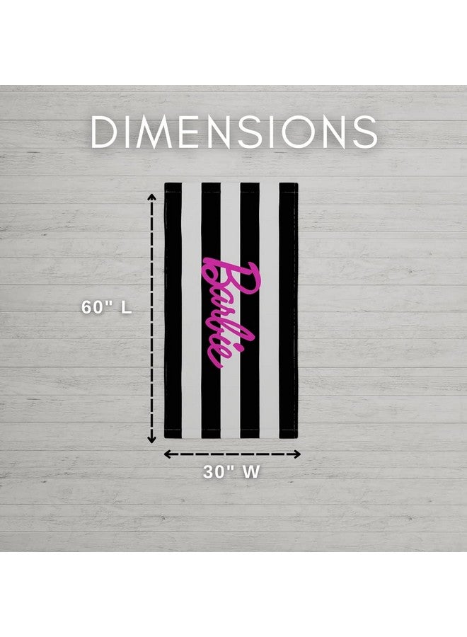Franco فرانكو باربي باربيكور منشفة حمام/مسبح/شاطئ قطنية ناعمة مخططة بالأبيض والأسود، 60 بوصة × 30 بوصة، (منتج باربي مرخص رسميًا) - Image 4