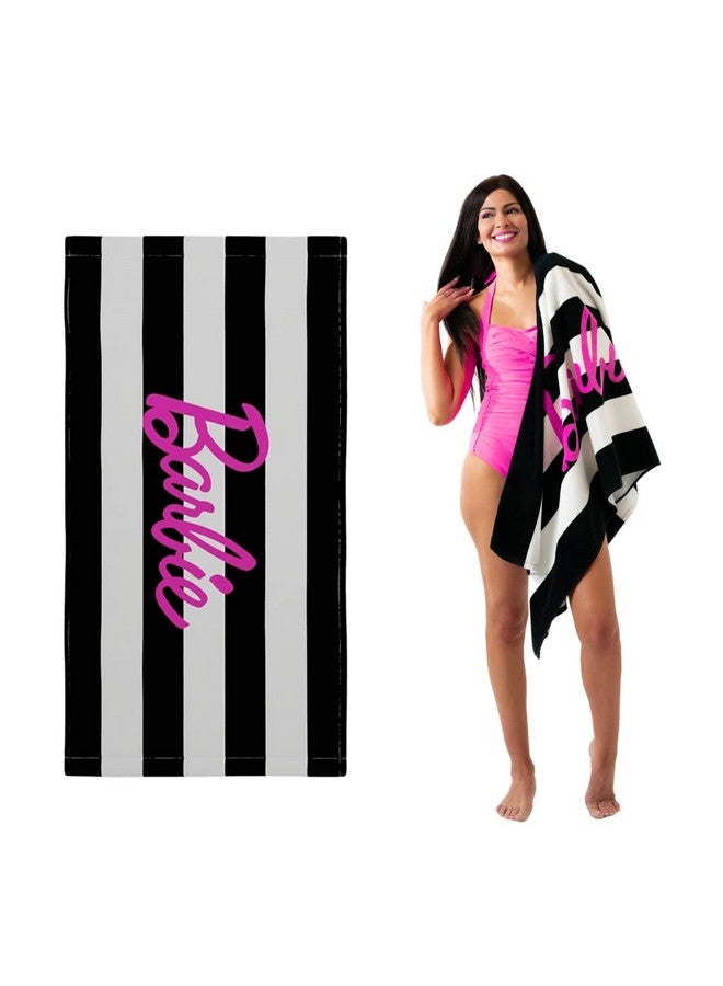 Franco فرانكو باربي باربيكور منشفة حمام/مسبح/شاطئ قطنية ناعمة مخططة بالأبيض والأسود، 60 بوصة × 30 بوصة، (منتج باربي مرخص رسميًا) - Image 1