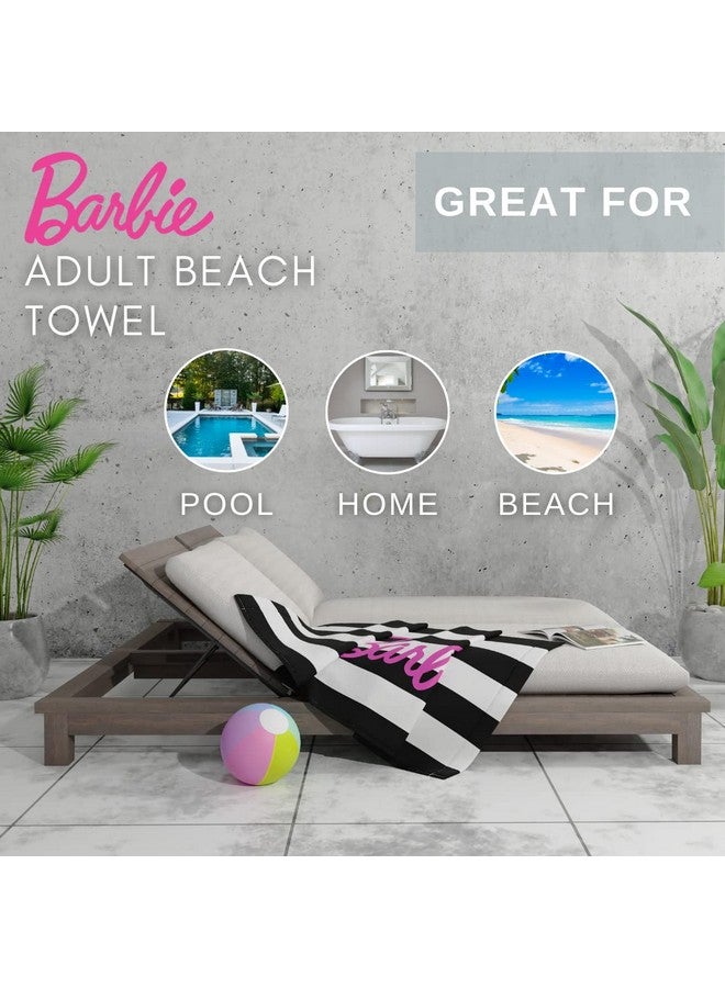 Franco فرانكو باربي باربيكور منشفة حمام/مسبح/شاطئ قطنية ناعمة مخططة بالأبيض والأسود، 60 بوصة × 30 بوصة، (منتج باربي مرخص رسميًا) - Image 3