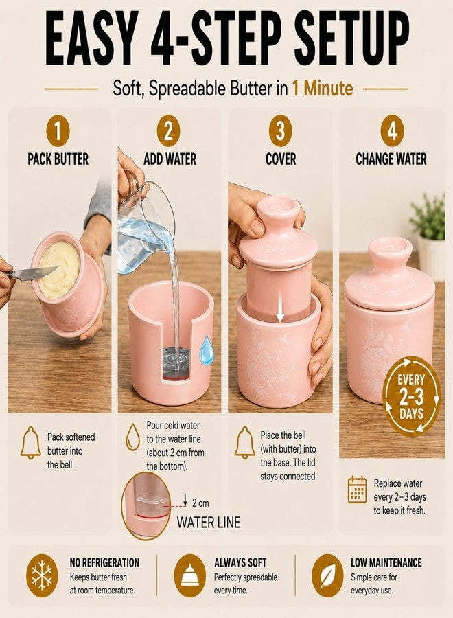 teapeak Cute Pink Butter Dish with Lid for Countertop, French Butter Crock with Water Line, Ceramic Butter Keeper Keeps Butter Soft & Spreadable at Room Temperature, 6.5 oz - Image 4